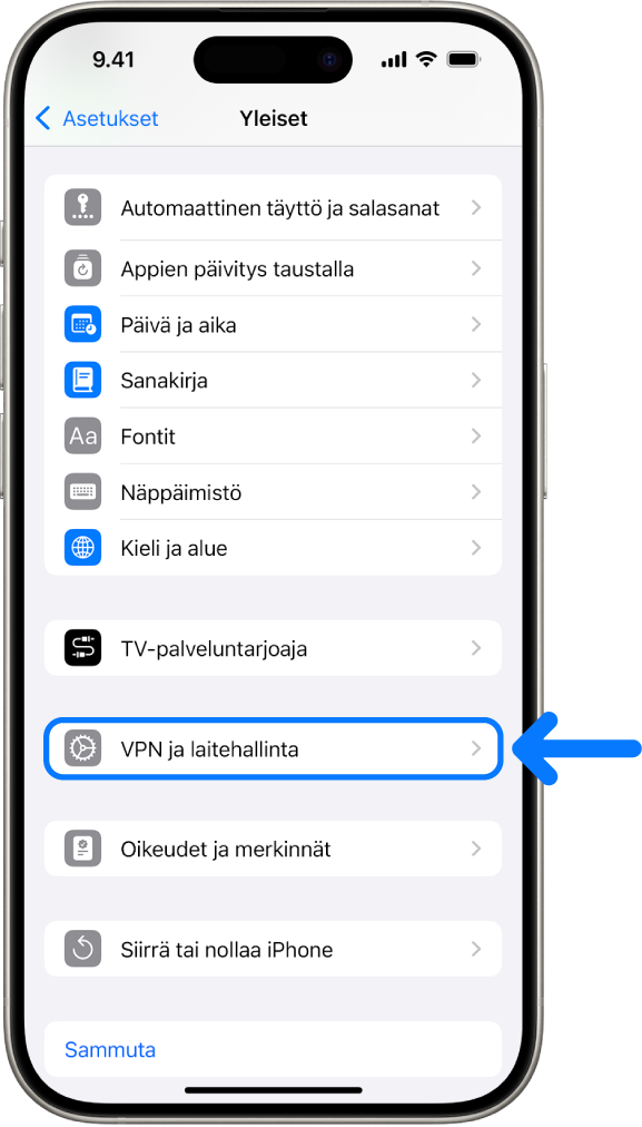 iPhonen näyttö, jossa näkyy VPN ja laitehallinta valittuna.