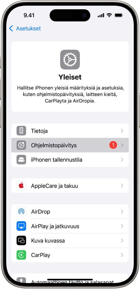 iPhonen näytöllä näkyy, että saatavilla on ohjelmistopäivitys.