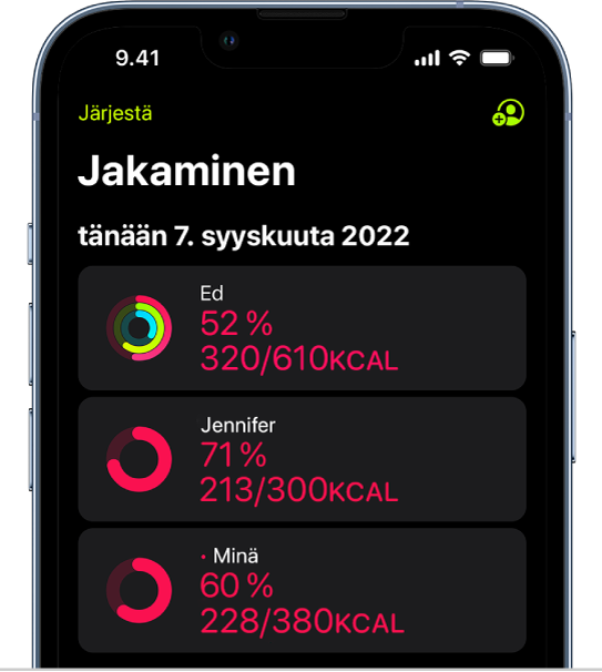 iPhonen näyttö, jossa näkyy kahden muun kanssa jaetut aktiivisuustiedot.
