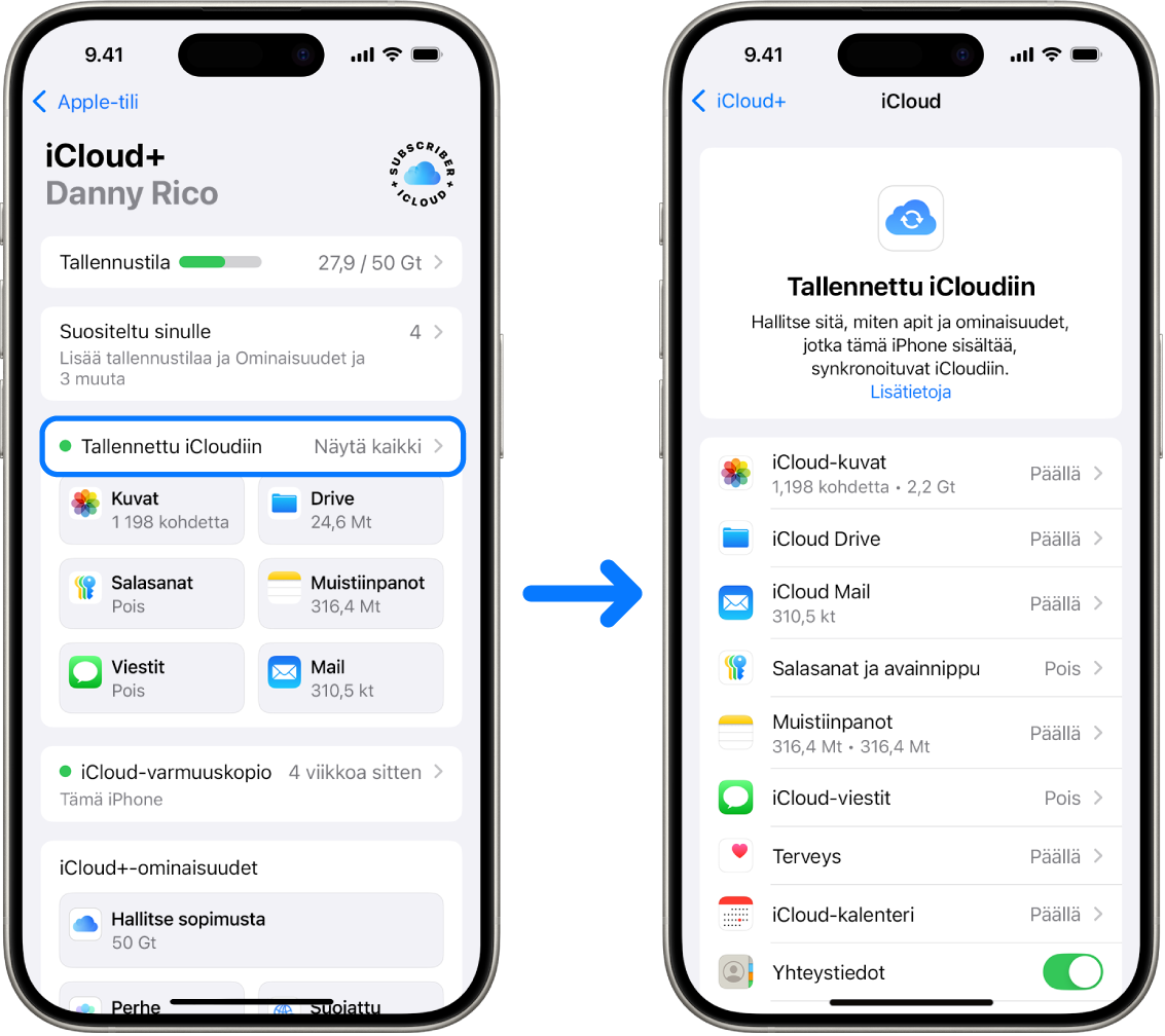 iPhone, jossa näkyy Apple-tili kirjautuneena sisään, ja eri iCloud-palveluja on käytössä.