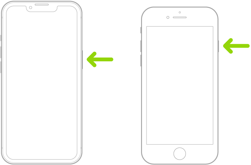 Sivu- ja nukkumispainikkeiden paikat iPhonessa.