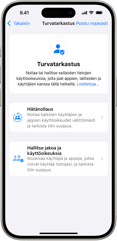 iPhone, jossa näkyy Turvatarkastus-näyttö.