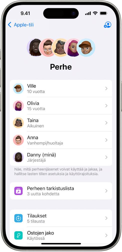 Perhejako-näyttö Asetukset-apissa. Viisi perheenjäsentä on lueteltuna, ja neljä tilausta on jaettu perheen kesken.