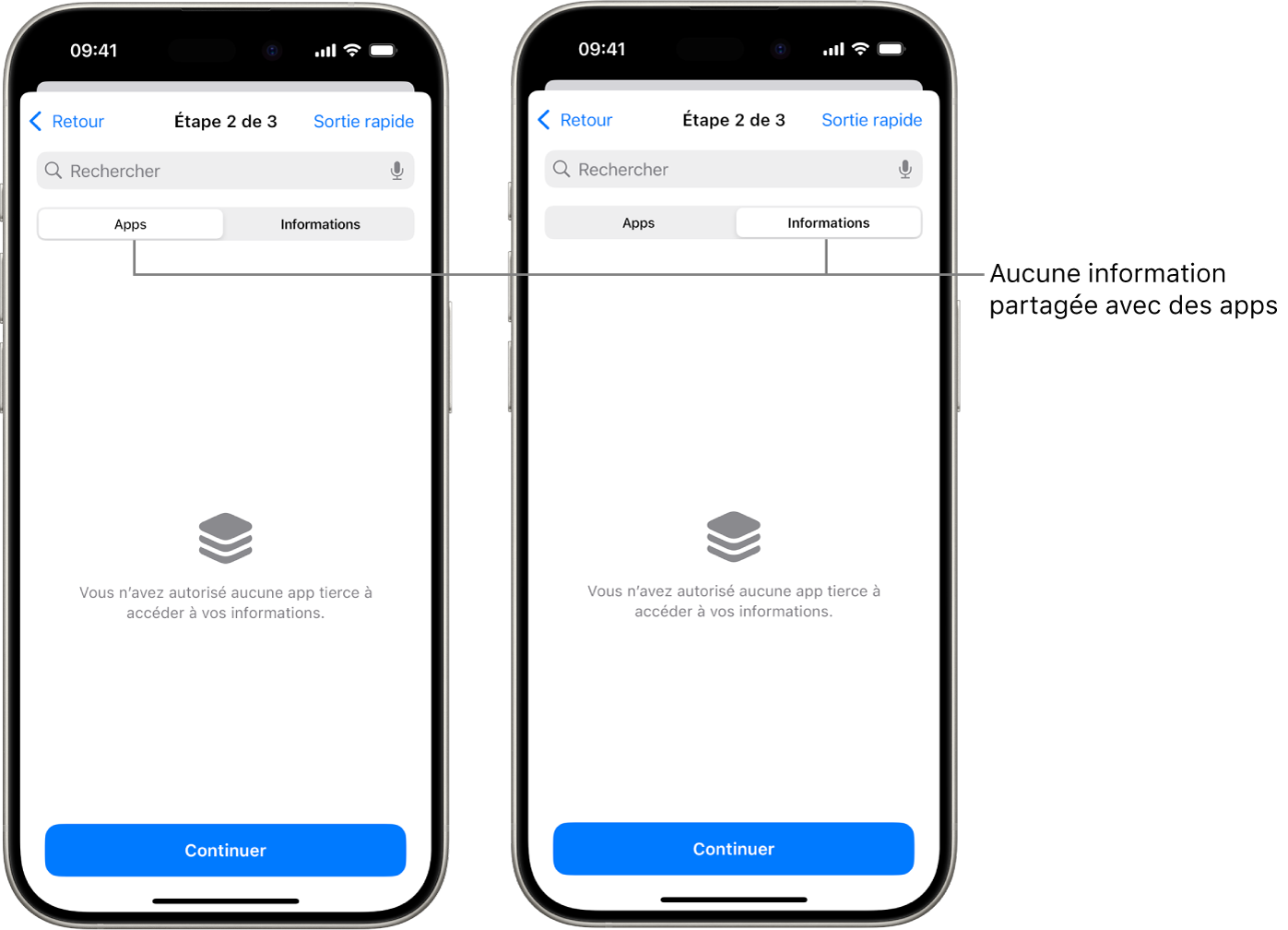 Un écran qui indique qu’un utilisateur ne partage aucune information avec d’autres apps en sélectionnant l’onglet Apps et l’onglet Informations.