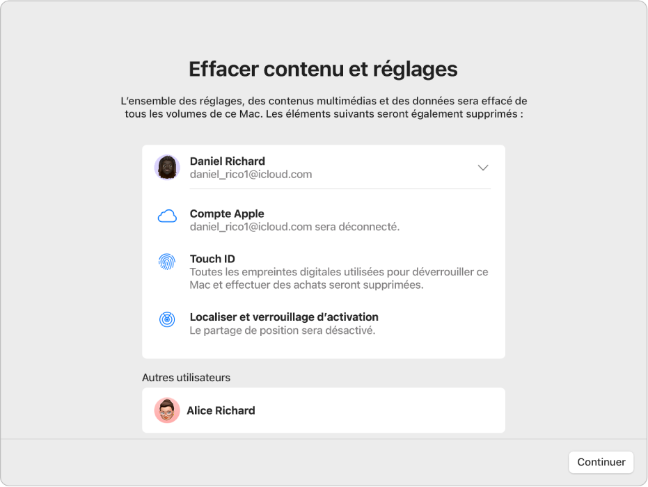 Une fenêtre Mac montrant l’assistant « Effacer contenu et réglages ».
