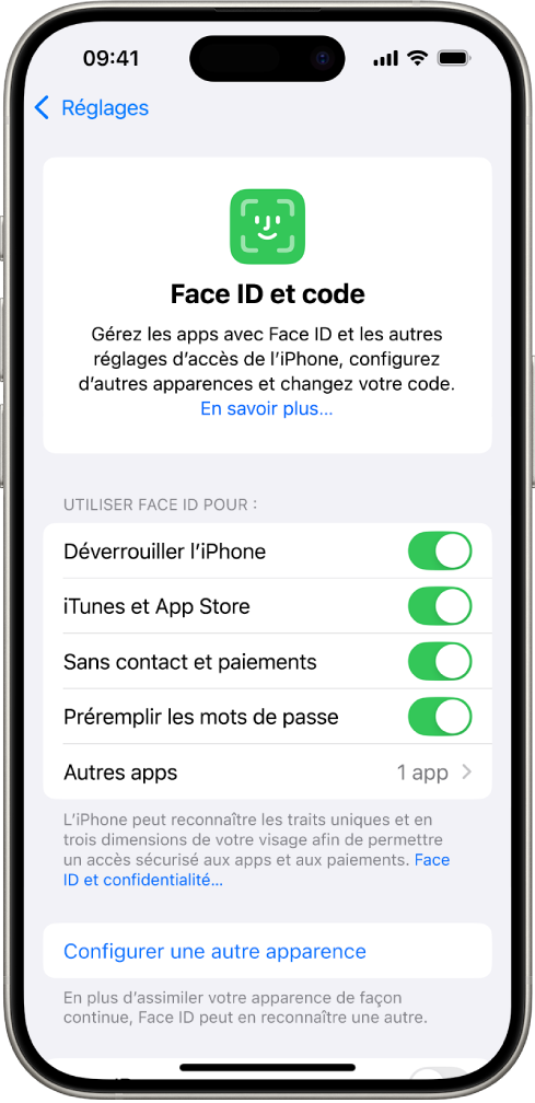 Écran Face ID d’un iPhone qui montre à quoi peut servir Face ID : Déverrouiller l’iPhone; iTunes et App Store; Portefeuille et Apple Pay; et le remplissage automatique des mots de passe.