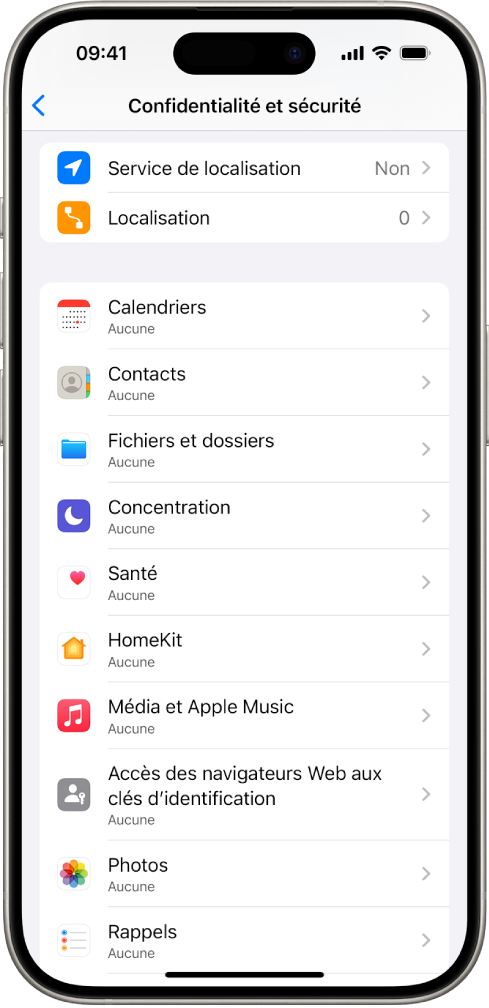 Un iPhone qui affiche l’écran Confidentialité et sécurité dans Réglages.