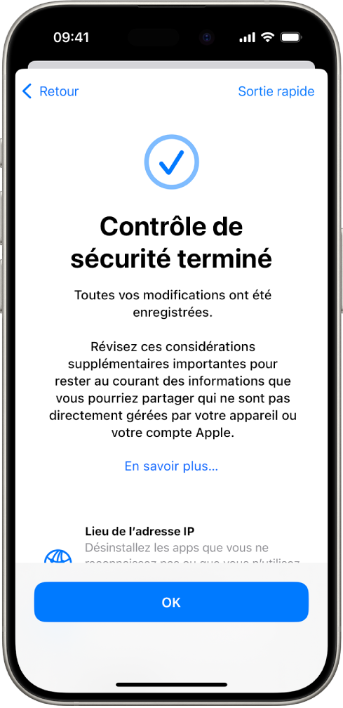 Un écran du contrôle de sécurité qui indique que le contrôle de sécurité est terminé.