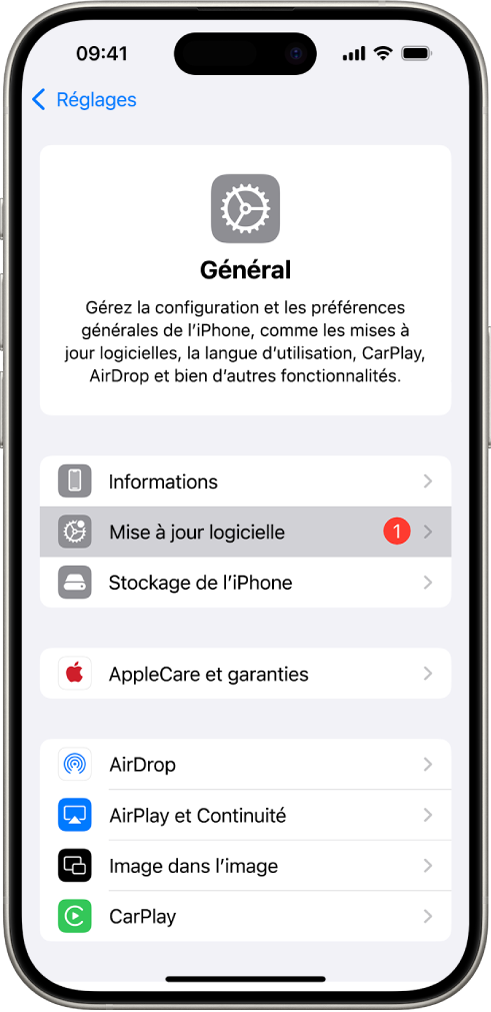 Écran d’un iPhone qui affiche qu’une mise à jour logicielle est disponible.