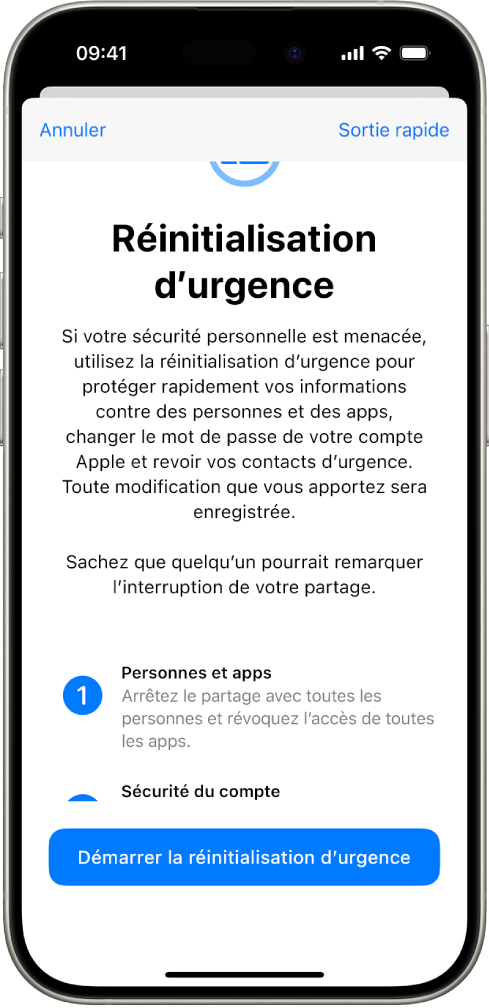 Un écran qui montre le bouton pour démarrer la réinitialisation d’urgence.