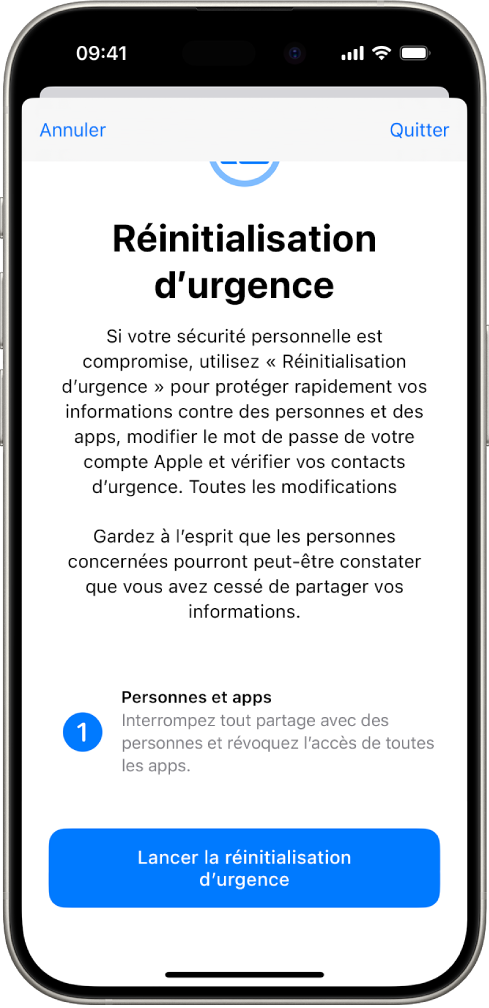 Un écran présentant le bouton pour démarrer « Réinitialisation d’urgence ».