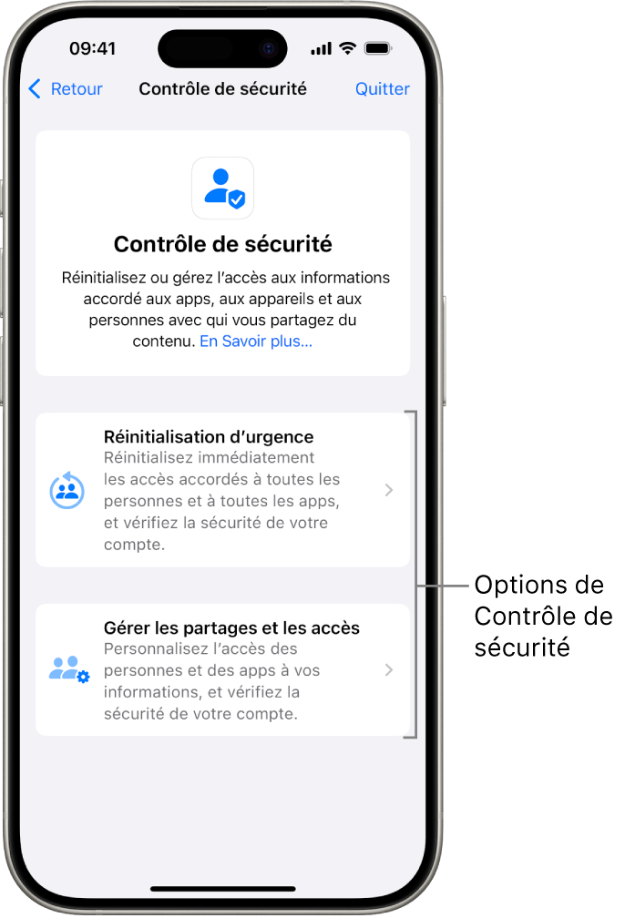Un écran affichant les deux options disponibles avec Contrôle de sécurité : Réinitialisation d’urgence et Gérer les partages et les accès.