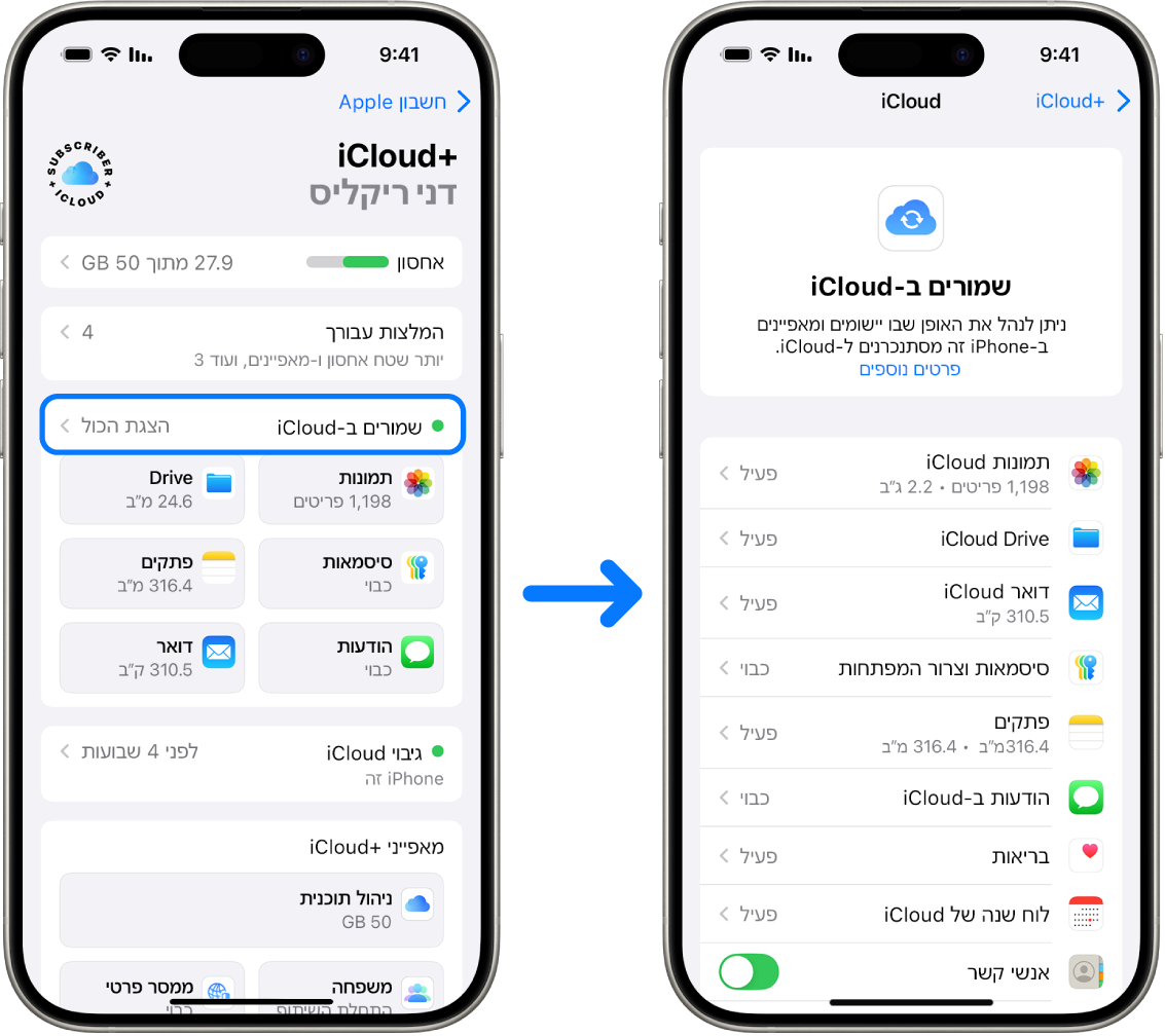 מכשיר iPhone מציג חשבון Apple מחובר, עם שירותים שונים של iCloud שמופעלים.