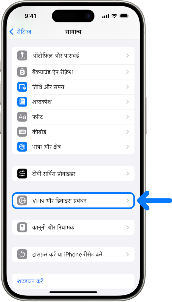 iPhone स्क्रीन जो चुना गया VPN और डिवाइस प्रबंधन को दिखा रही है।