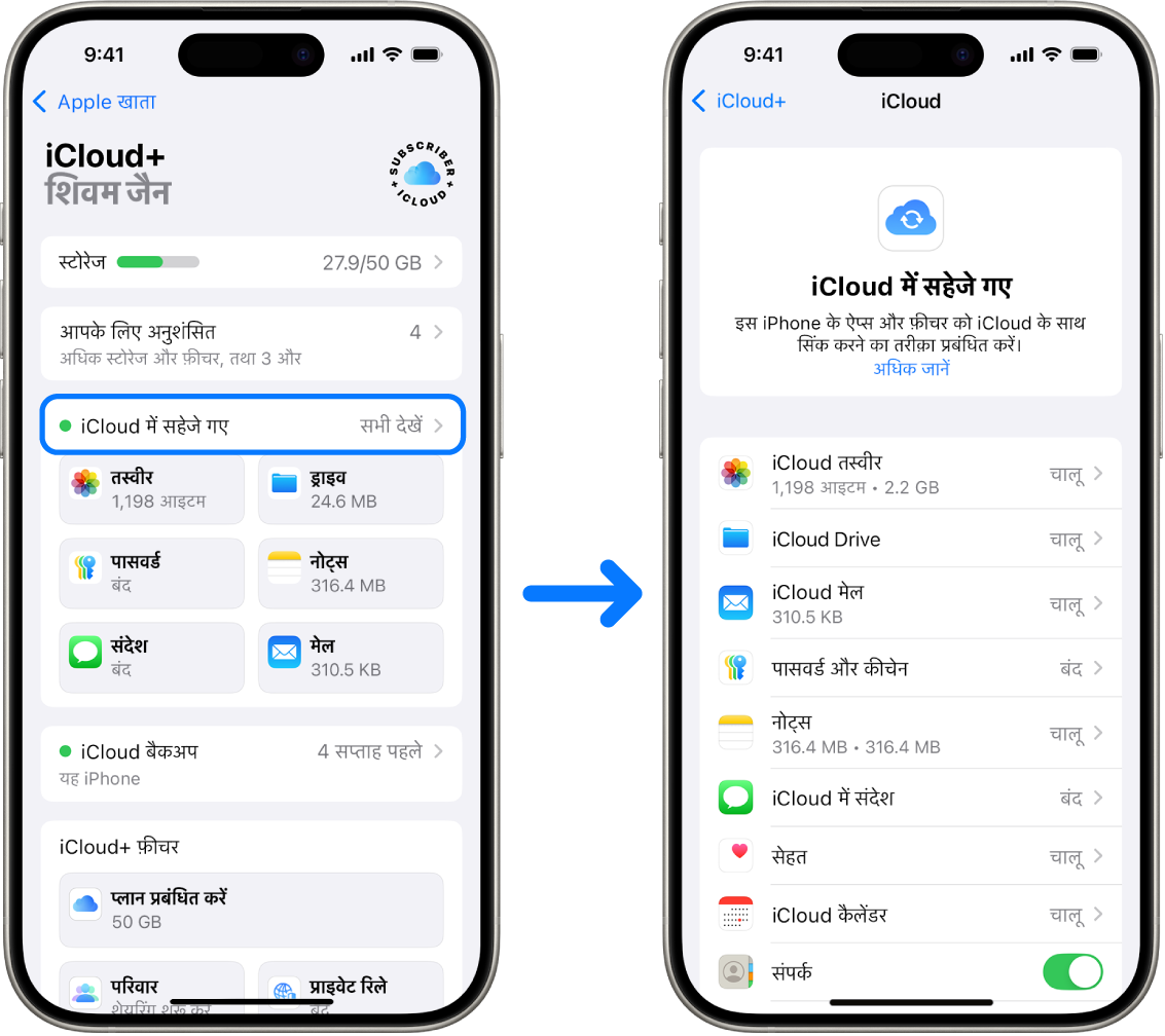 iPhone जो चालू की गईं विभिन्न iCloud सेवाओं के साथ साइन इन किया हुआ Apple खाता खाता दिखा रहा है।