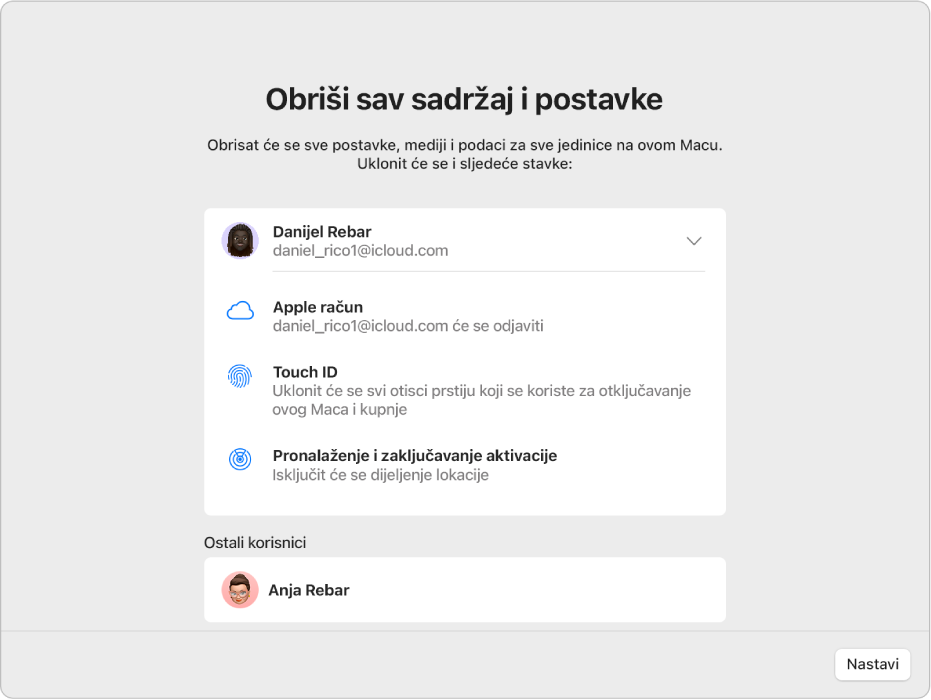 Prozor računala Mac prikazuje opcije Obriši sav sadržaj i Asistent za postavke