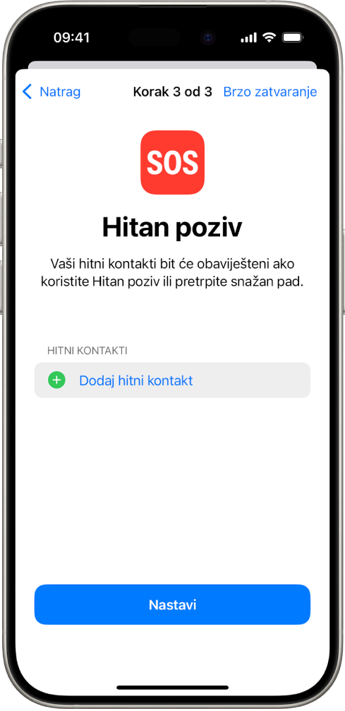 Zaslon iPhonea s prikazom zaslona Hitan poziv