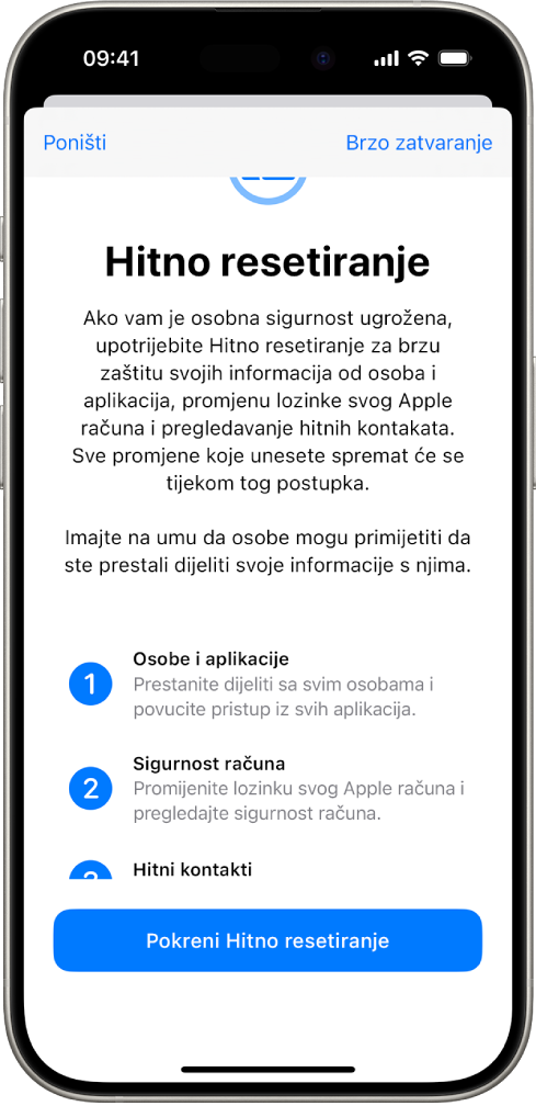 Zaslon prikazuje tipku za pokretanje Hitnog resetiranja.