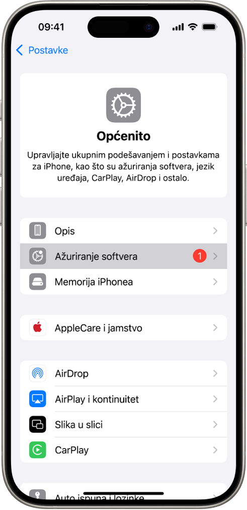 Zaslon iPhonea koji pokazuje da je dostupno ažuriranje softvera.