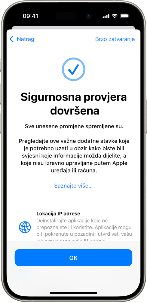 Zaslon Sigurnosne provjere s prikazom dovršetka Sigurnosne provjere.
