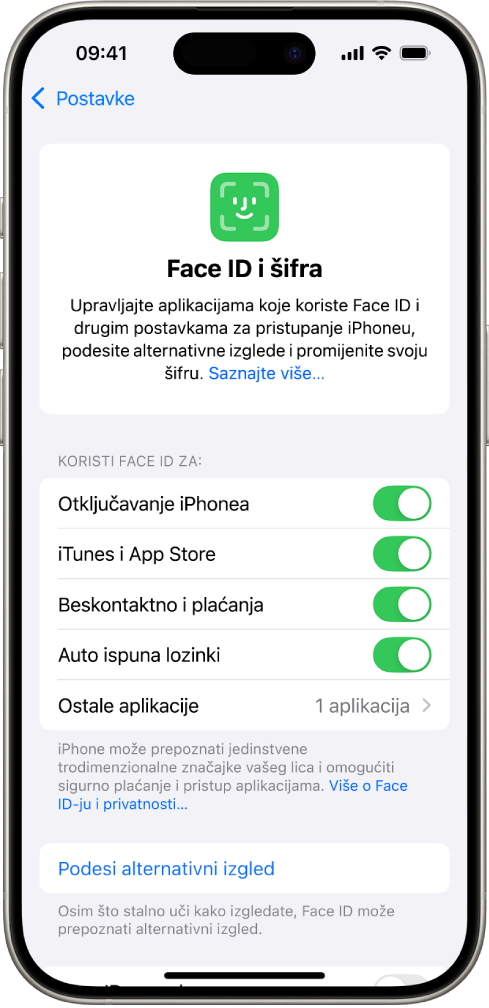 Zaslon Face ID-ja na iPhoneu prikazuje za što se Face ID može koristiti, primjerice za otključavanje iPhonea, trgovine iTunes i App Store, Novčanika i Apple Paya te automatsku ispunu lozinki.