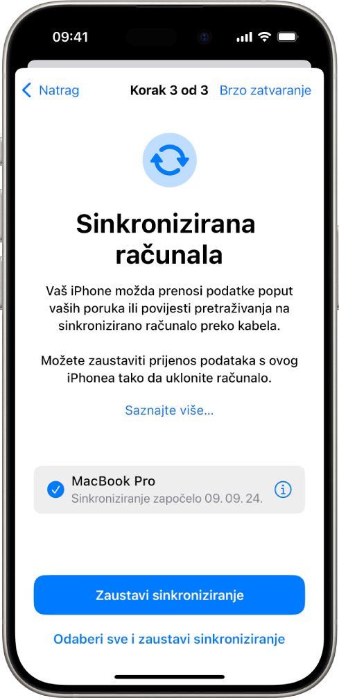 Zaslon iPhonea s prikazom zaslona Sinkronizirana računala:
