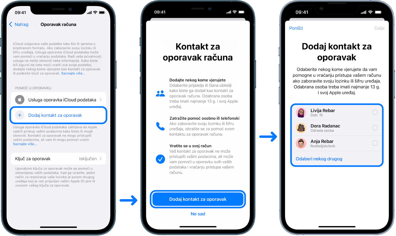 Tri iPhonea s prikazom načina dodavanja kontakata za dodavanje Obnavljanja računa.