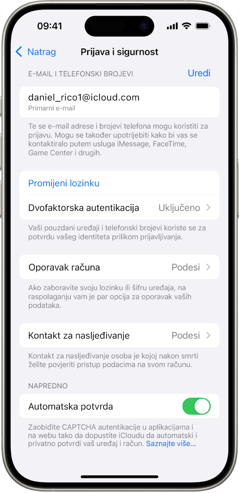 Slika zaslona iPhonea koja prikazuje isključenu dvofaktorsku autorizaciju.