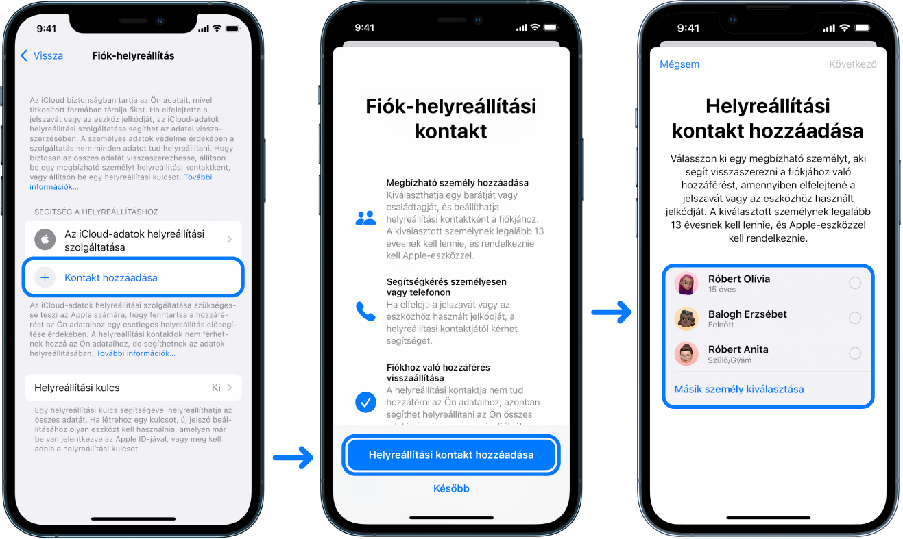 Három iPhone képernyője, amelyeken a fiók-helyreállítási kontaktok hozzáadása látható.