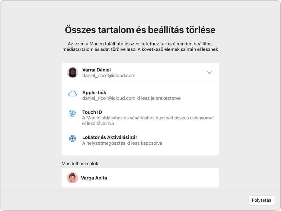 Egy Mac-ablak az Összes tartalom törlése és a Beállítások asszisztens lehetőséggel.