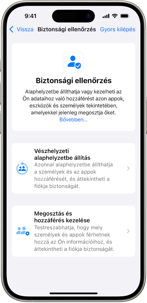 A Biztonsági ellenőrzés funkció képernyője egy iPhone-on.