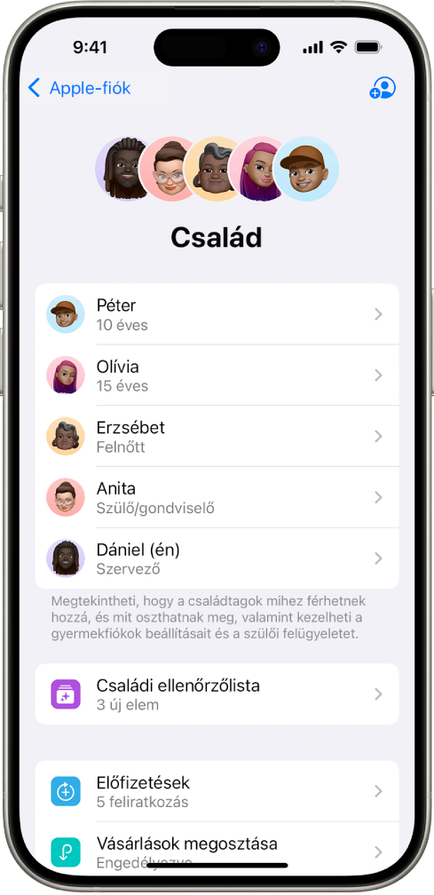 A Beállítások Családi megosztás képernyője. Öt családtag látható, és négy előfizetés van megosztva a családdal.