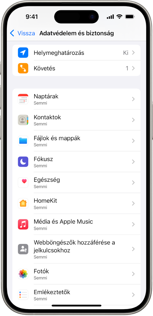 Egy iPhone Adatvédelem és biztonság képernyője a Beállítások menüben.