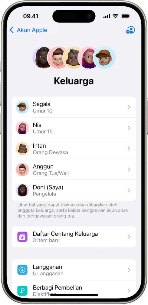 Layar Keluarga Berbagi di Pengaturan. Lima anggota keluarga tercantum dan empat langganan dibagikan dengan keluarga.