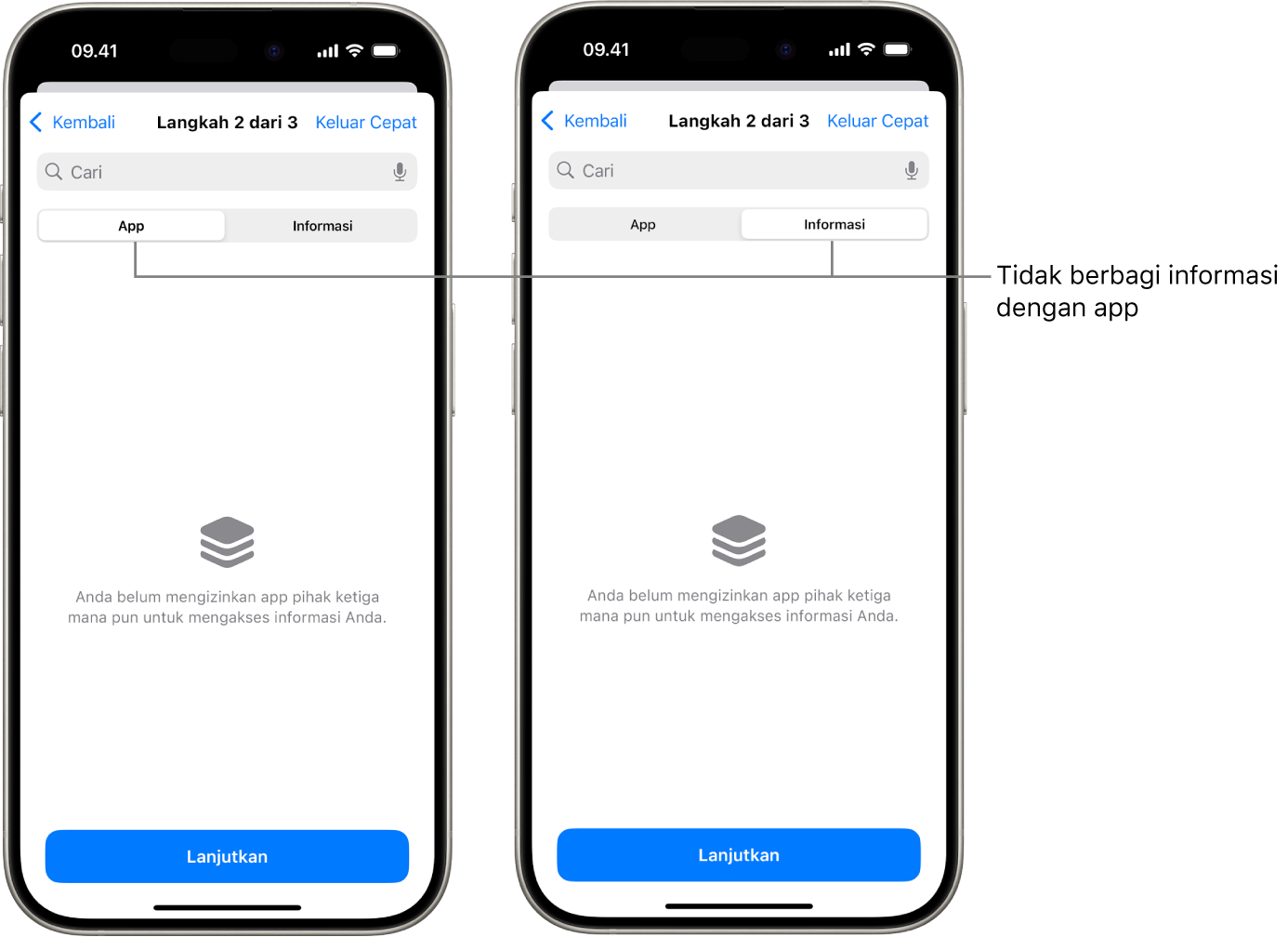 Layar menampilkan bahwa pengguna tidak membagikan informasi apa pun dengan app lain dengan memilih tab App dan Informasi.