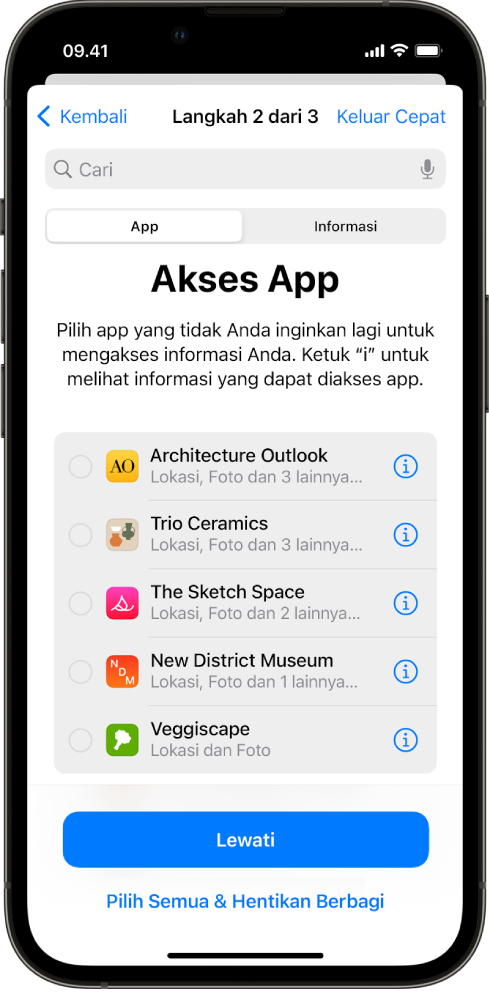 Layar Pemeriksaan Keselamatan menampilkan informasi yang dibagikan dengan app tertentu.