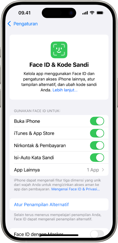 Layar Face ID iPhone menampilkan apa yang dapat digunakan dengan Face ID, seperti Membuka iPhone, iTunes & App Store, Dompet & Apple Pay, dan Isi-Auto Kata Sandi.