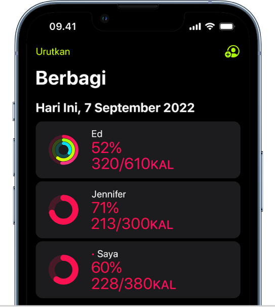 Layar iPhone menampilkan data aktivitas yang dibagikan dengan dua orang lainnya.