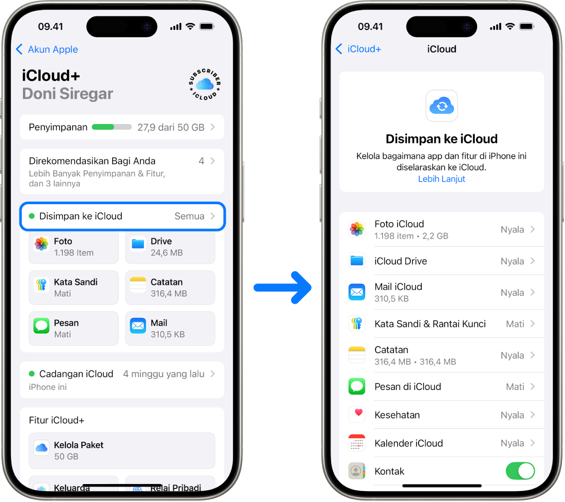 iPhone menampilkan akun Apple yang masuk dengan berbagai layanan iCloud dinyalakan.