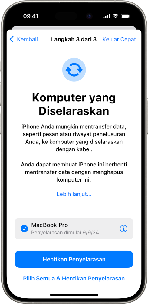 Layar iPhone menampilkan layar Komputer yang Diselaraskan.