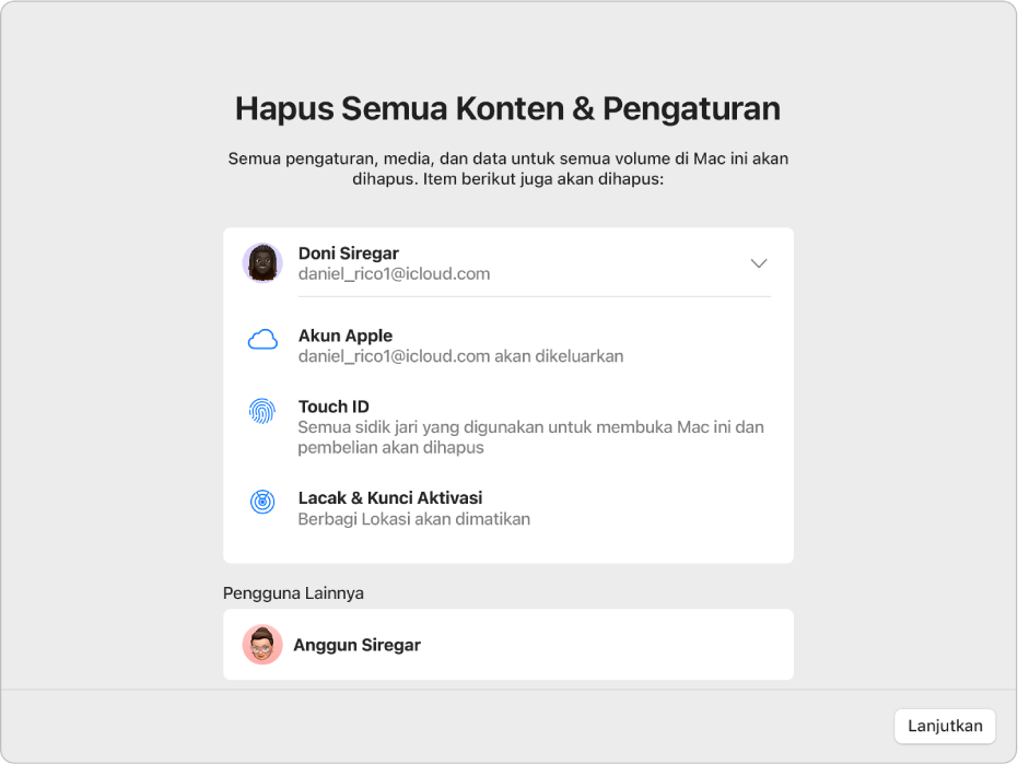 Jendela Mac menampilkan Asisten Hapus Semua Konten dan Pengaturan.