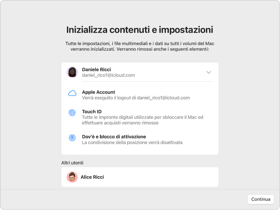 Una finestra del Mac che mostra l’opzione “Inizializza contenuto e impostazioni” e Impostazione Assistita.