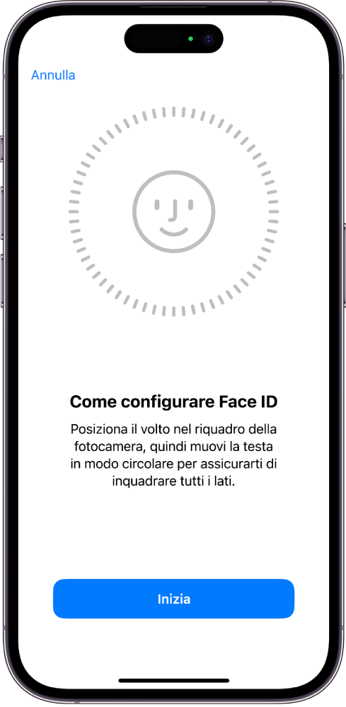 La schermata di configurazione del riconoscimento di Face ID. Sullo schermo è visibile un volto, circondato da un cerchio. Il testo sotto di esso indica all’utente di muovere la testa lentamente per completare un cerchio.