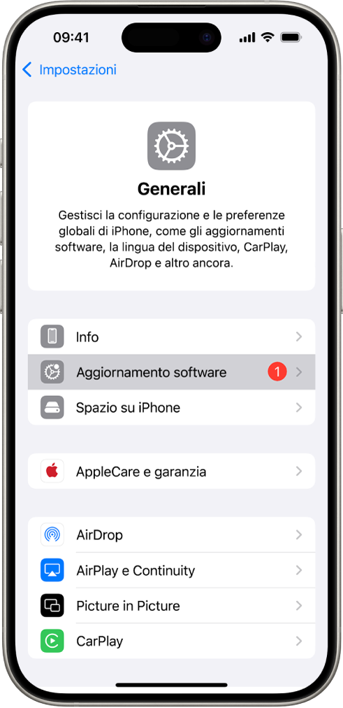 Schermata di iPhone che mostra un aggiornamento software disponibile.