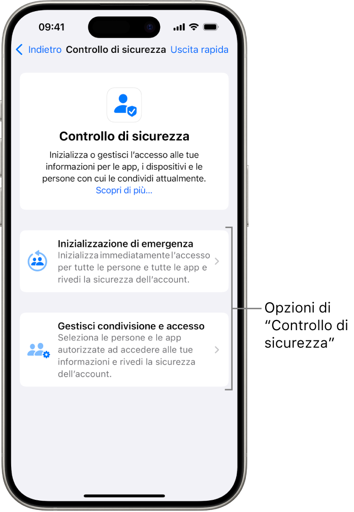 Una schermata che mostra le due opzioni disponibili in “Controllo di sicurezza”: “Inizializzazione di emergenza” e “Gestisci condivisione e accesso”.