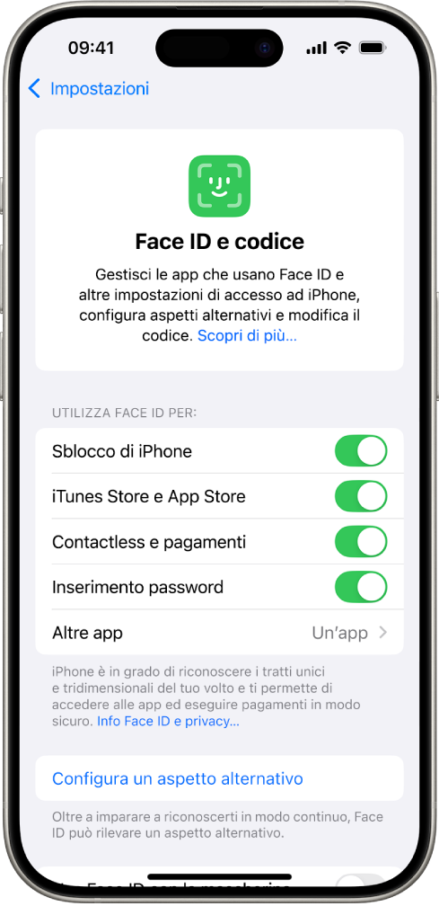 La schermata di Face ID su iPhone, che mostra le situazioni in cui è possibile utilizzare la funzionalità, come per sbloccare iPhone, iTunes e App Store, Wallet e Apple Pay e per l’inserimento automatico delle password.