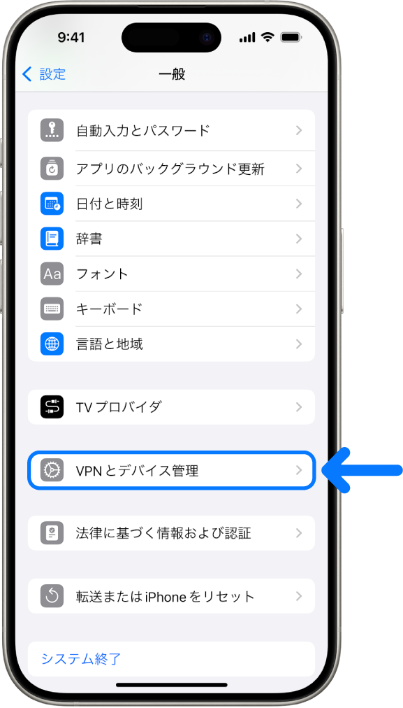 iPhoneの画面。「VPNとデバイス管理」が選択されています。