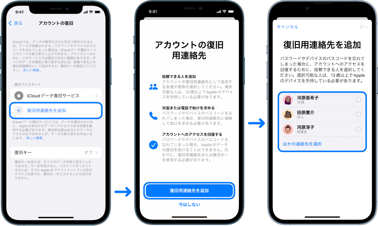 iPhoneの3つの画面。アカウント復旧用の連絡先を追加する方法が表示されています。