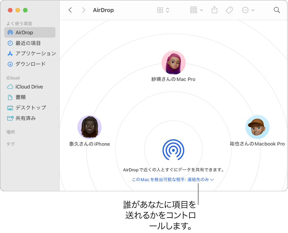 Finderの「AirDrop」ウインドウ。