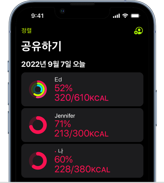 2명과 공유한 활동 데이터를 표시하는 iPhone 화면.